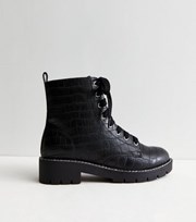 New Look Black Faux Croc Contrast Stitch Chunky Biker Boots